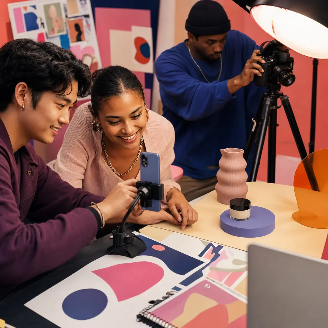 Estudiantes grabando contenidos digitales en un estudio creativo