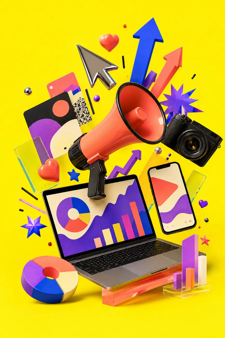Collage creativo de marketing digital con megáfono, cámara, móvil y gráficos